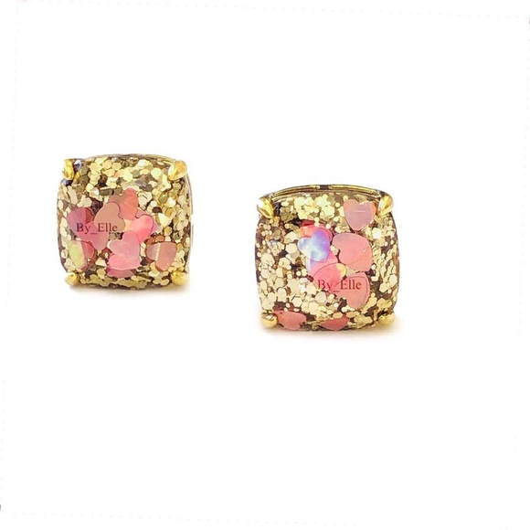 NEW Kate Spade Gold Glitter 1/2” Studs with Iridescent Hearts - Picture 3 of 5